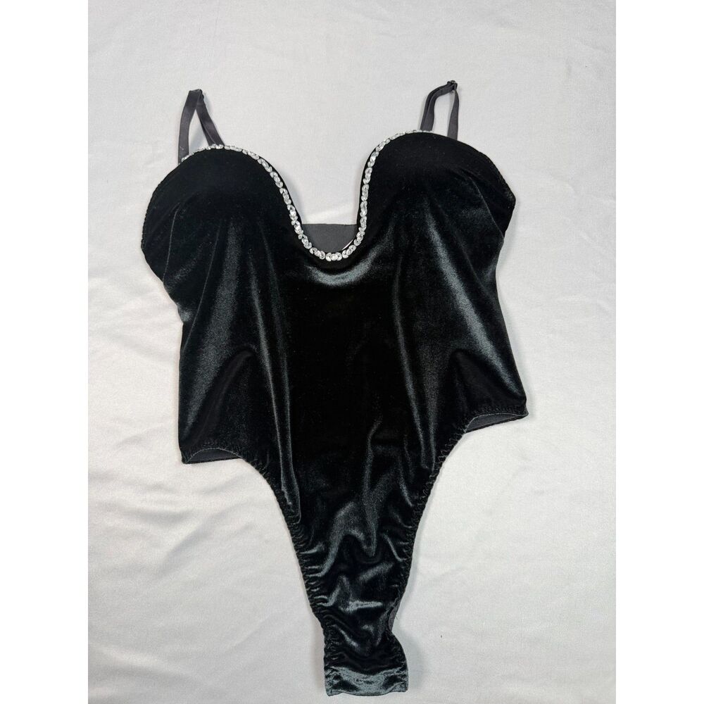 Victorias Secret XS Black Velvet Rhinestone Underwire Bodysuit Teddy Lingerie